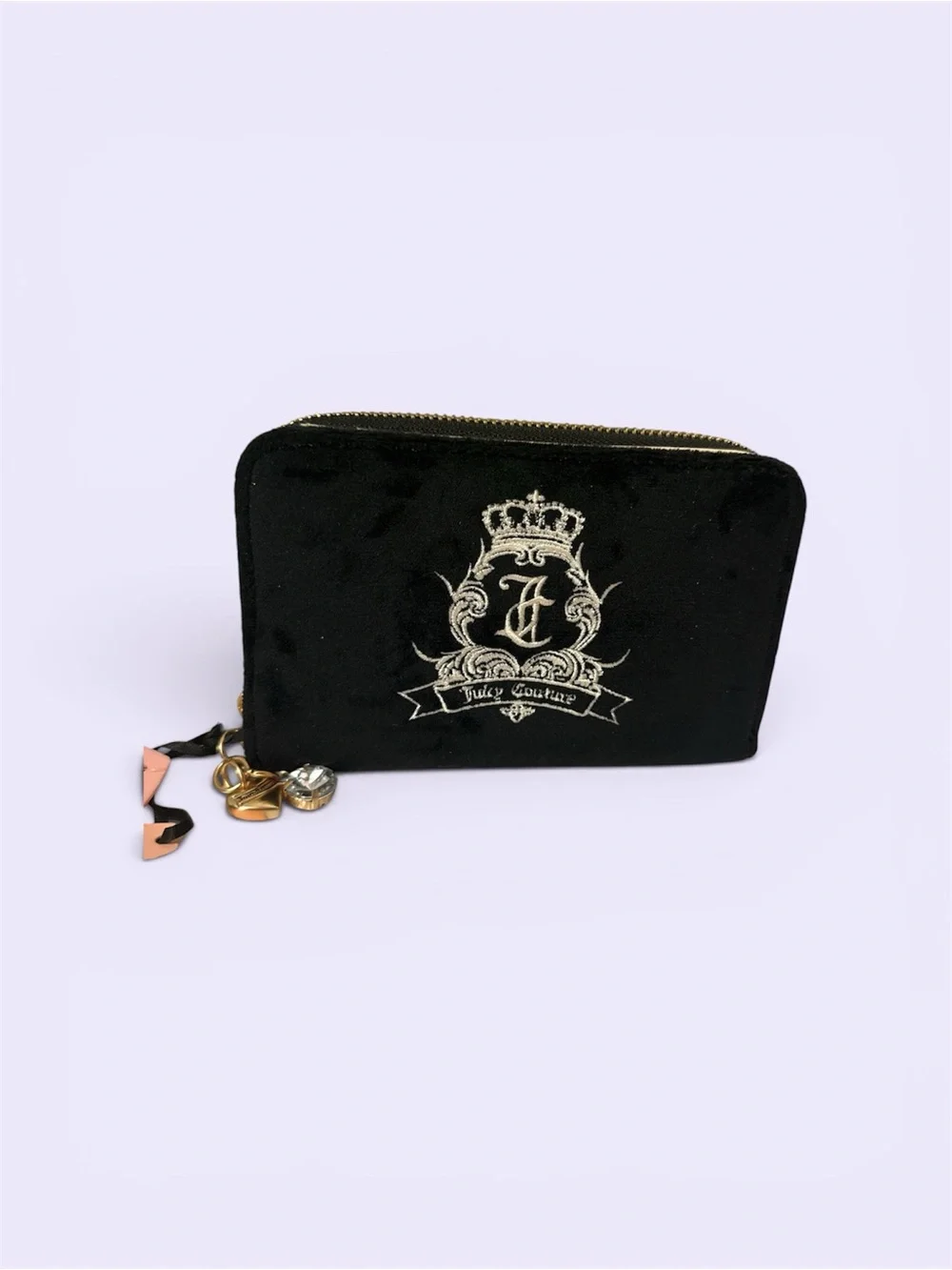 Juicy Couture Black Velvet Crest Zip Pouch with Charm Pulls